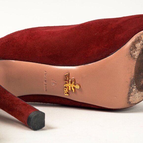 Prada Burgundy Suede Peep Toe Stiletto Heel Slide Mule Platform Pump - Picture 5 of 9